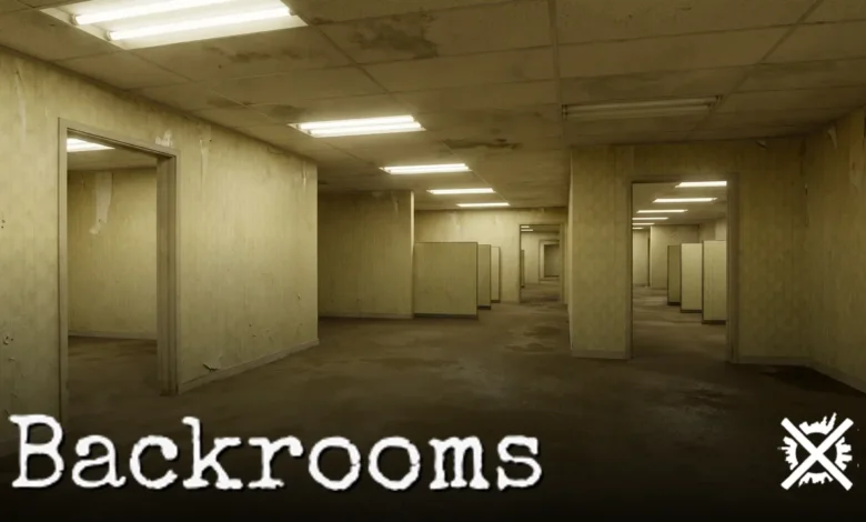 Backrooms Level 0, nekonečná prázdná žlutá kancelář s vlhkým kobercem a zářivkami