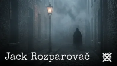 Mlhavá dlážděná ulička viktoriánského Londýna v noci, světlo plynové lampy, silueta postavy v plášti