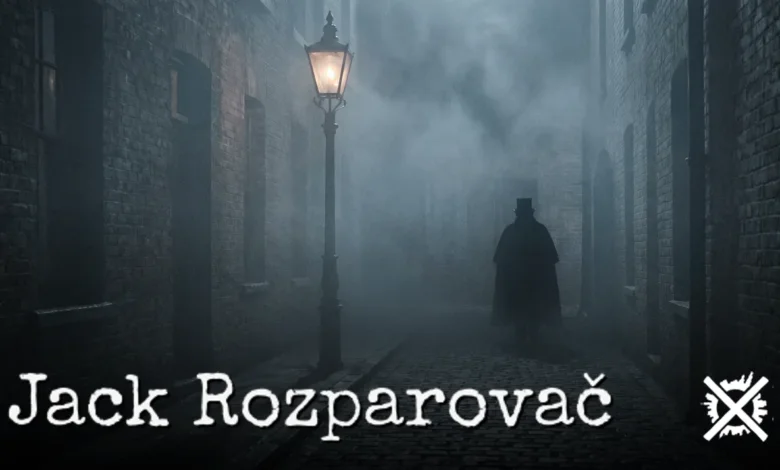 Mlhavá dlážděná ulička viktoriánského Londýna v noci, světlo plynové lampy, silueta postavy v plášti