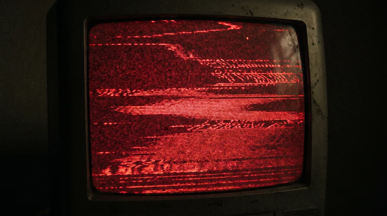 Detail staré televizní obrazovky s rušením a rudým nádechem ve tmě