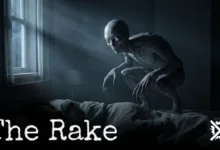 Bledý humanoidní tvor The Rake dřepící na konci postele spícího člověka
