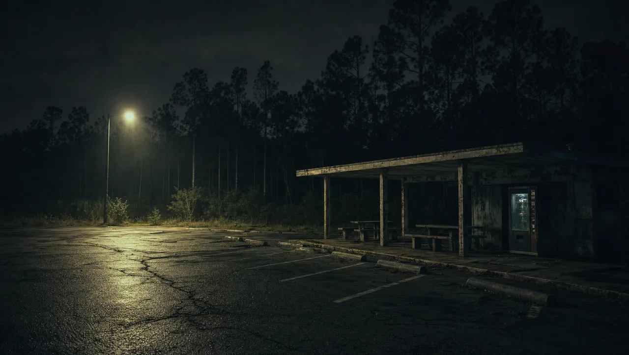 Opuštěné noční odpočívadlo u dálnice ve světle reflektorů, atmosféra případu Aileen Wuornos