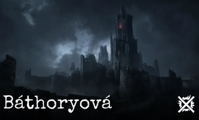 Temný gotický hrad zahalený v noční mlze, silueta kamenné věže a chladná modrošedá atmosféra s náznakem červené záře v okně