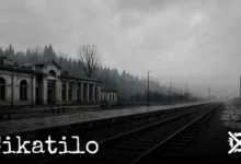 Temné opuštěné sovětské vlakové nádraží na okraji města, mlha a silueta lesa za kolejemi, chladná znepokojivá atmosféra