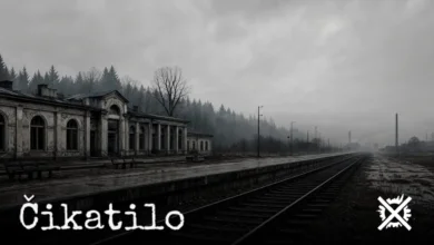Temné opuštěné sovětské vlakové nádraží na okraji města, mlha a silueta lesa za kolejemi, chladná znepokojivá atmosféra