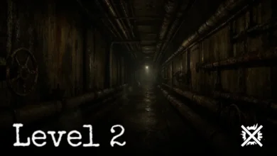 Úzký servisní tunel Backrooms Level 2 lemovaný rezavým potrubím, blikající zářivky a horký opar ve tmě