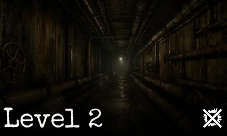 Úzký servisní tunel Backrooms Level 2 lemovaný rezavým potrubím, blikající zářivky a horký opar ve tmě