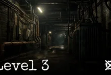 Temné bludiště chodeb Backrooms Level 3 s rezavým potrubím, kabely a blikající zářivkou