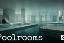 Nekonečný komplex bílých kachličkových bazénů Backrooms Poolrooms s tyrkysovou vodou a světlem odnikud