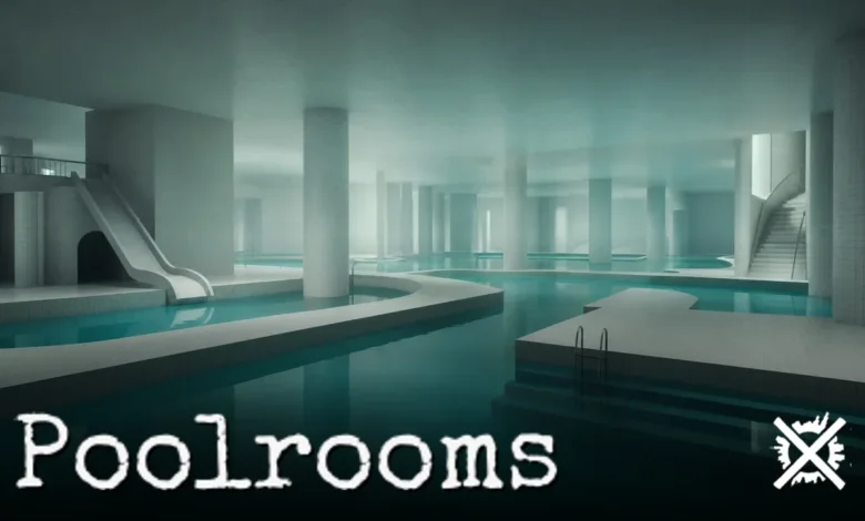 Nekonečný komplex bílých kachličkových bazénů Backrooms Poolrooms s tyrkysovou vodou a světlem odnikud