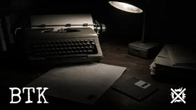 Potemnělý dům na americkém předměstí v noci s jedním rozsvíceným oknem, na stole v popředí stará disketa a psací stroj