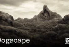Nekonečná temná krajina Dogscape složená ze srostlého psího masa a srsti pod šedou oblohou