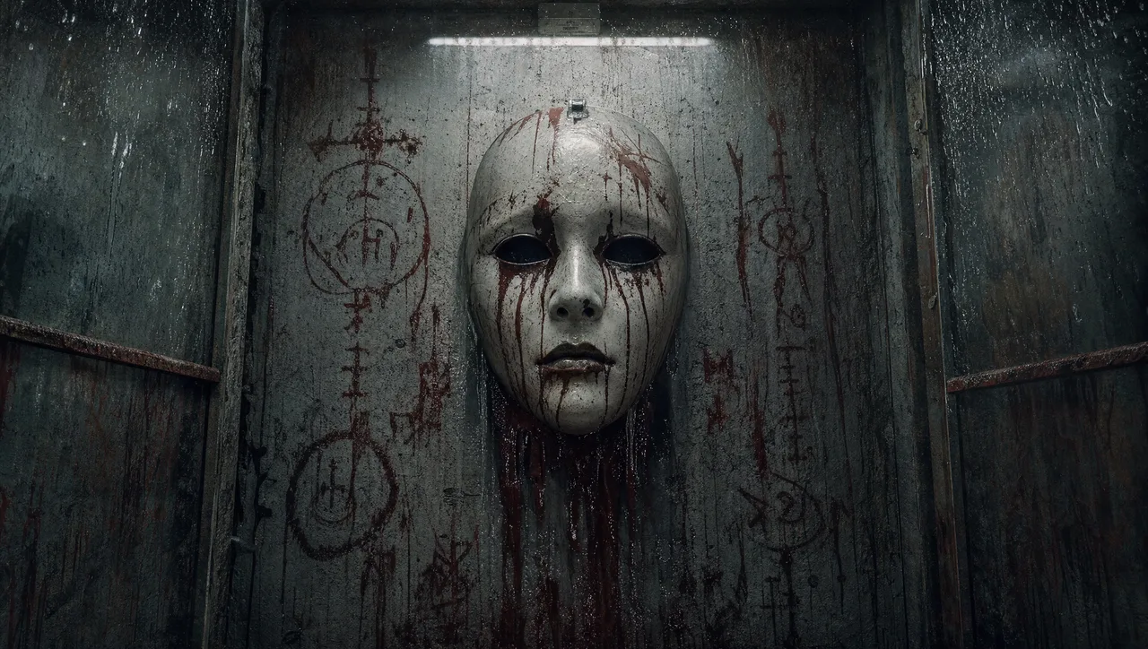 SCP-035 na zdi cely, kolem naleptané sklo a krvavé symboly