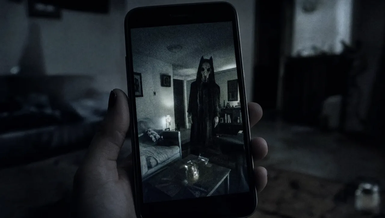 Fotka pokoje na displeji telefonu, v pozadí stojí humanoid s psí lebkou